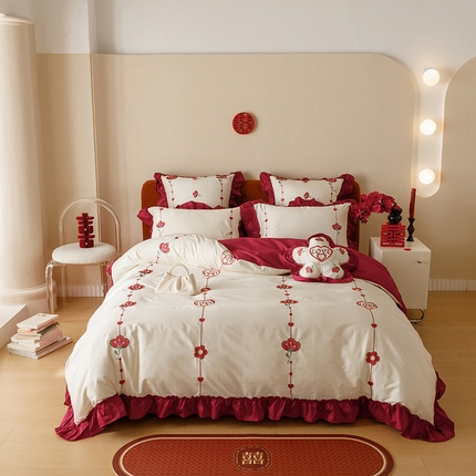 91家纺网 家纺一手货源 找家纺 （总）江涞 2023新款全棉高端绣花七件套-喜愿