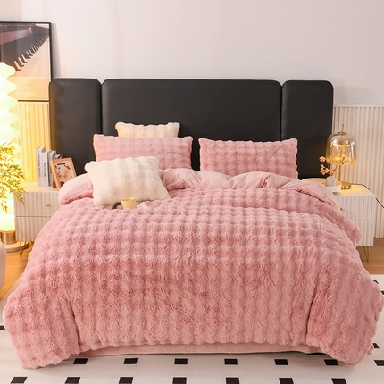 91家纺网 家纺一手货源 找家纺 寐时代 2023新款亲肤舒适高克重加厚保暖兔毛四件套 豆沙粉