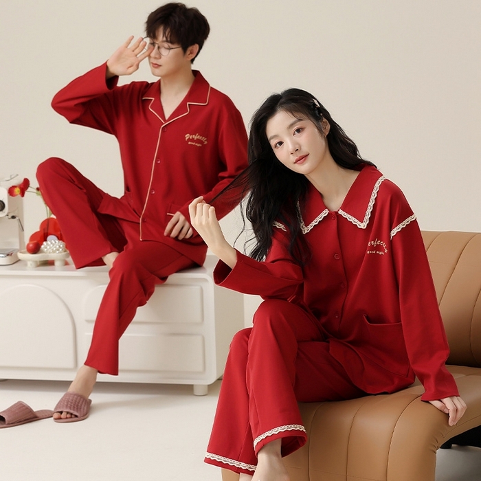 91家纺网 家纺一手货源 找家纺 （总）洛兰沙家居馆【只代发】【只代发】 2023新款红色结婚睡衣纯棉套装新婚嫁娶本命年全棉情侣家居服