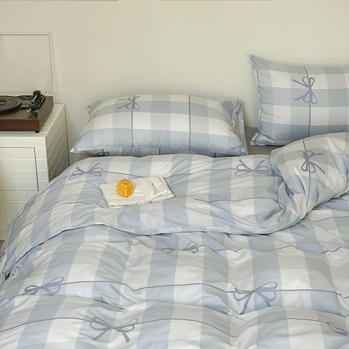 91家纺网 家纺一手货源 找家纺 窝米 2024春季新品13370全棉四件套系列 蝴蝶结蓝