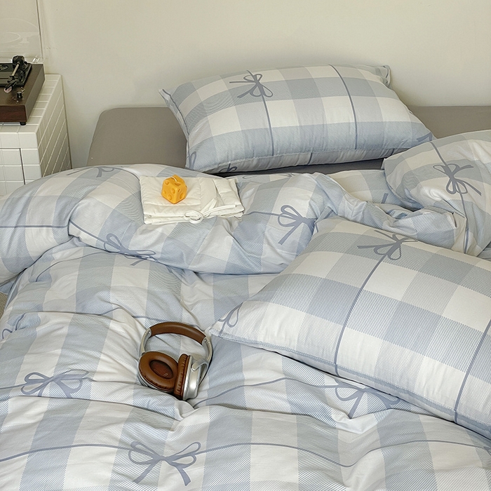 91家纺网 家纺一手货源 找家纺 窝米 2024春季新品13370全棉四件套系列 蝴蝶结蓝