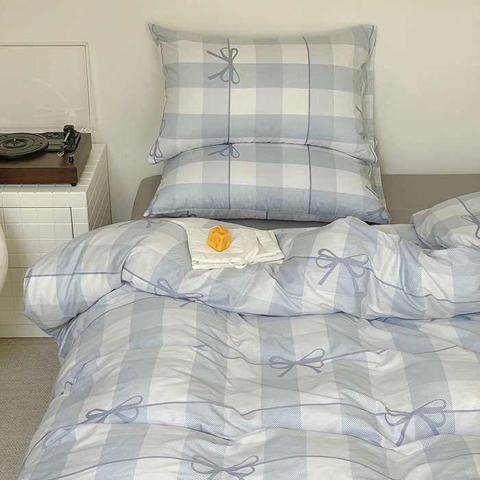 91家纺网 家纺一手货源 找家纺 窝米 2024春季新品13370全棉四件套系列 蝴蝶结蓝