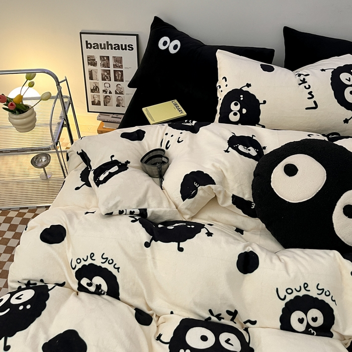 91家纺网 家纺一手货源 找家纺 海岛哥哥 2023新款大眼睛牛奶绒四件套 大眼睛绒-小煤球