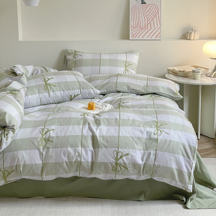 91家纺网 家纺一手货源 找家纺 窝米 2024春季新品13370全棉四件套系列 蝴蝶结绿