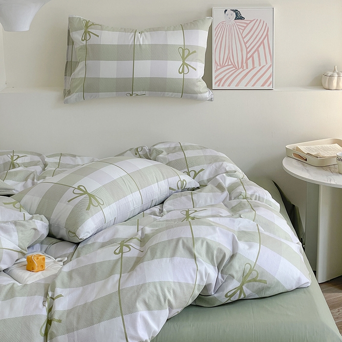 91家纺网 家纺一手货源 找家纺 窝米 2024春季新品13370全棉四件套系列 蝴蝶结绿