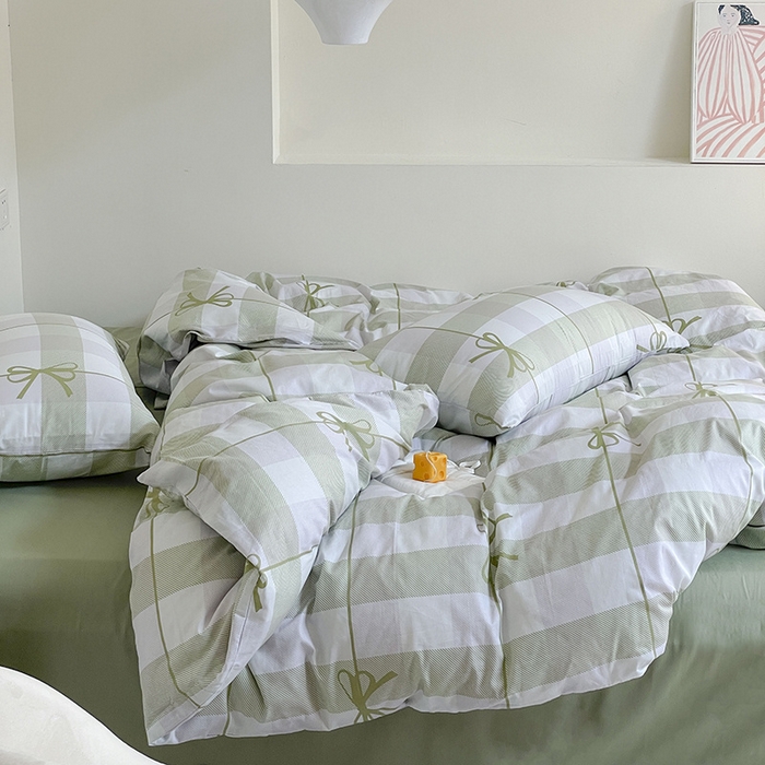 91家纺网 家纺一手货源 找家纺 窝米 2024春季新品13370全棉四件套系列 蝴蝶结绿