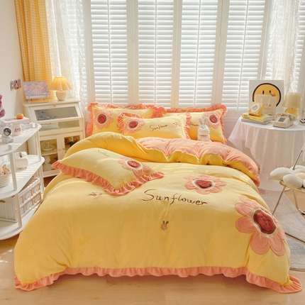 91家纺网 家纺一手货源 找家纺 博纳家纺 2023新款加厚保暖舒适亲肤四件套-向日葵花语 暖黄