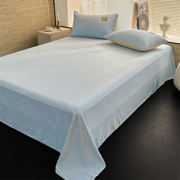 91家纺网 家纺一手货源 找家纺 洋铭区（原狠狠爱） 2023新款华夫格单品绒床单 华夫格-浅蓝