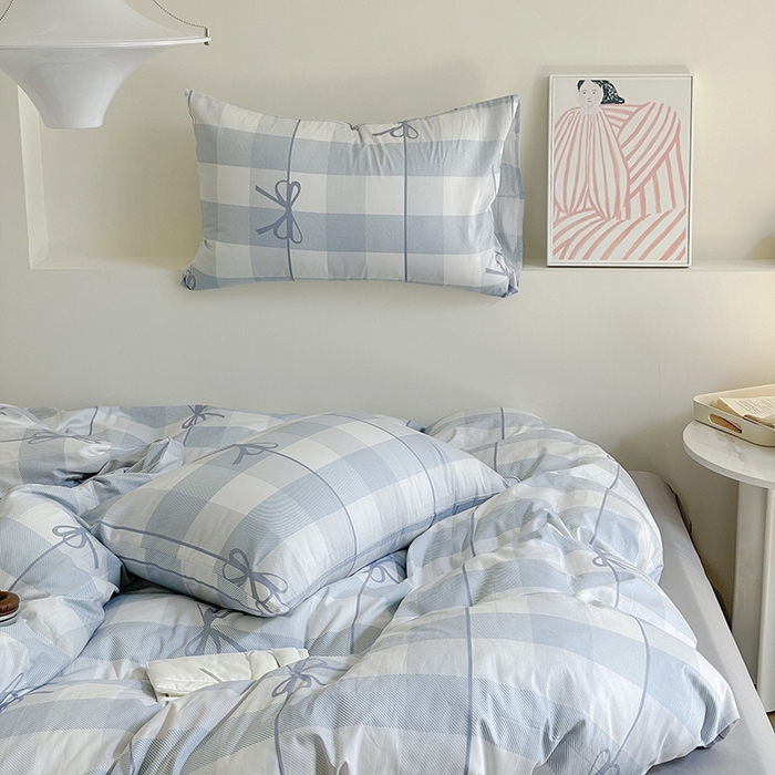 91家纺网 家纺一手货源 找家纺 窝米 2024春季新品13370全棉四件套系列 蝴蝶结蓝