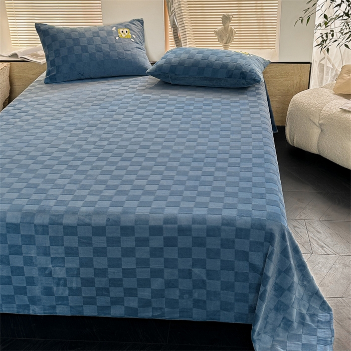 91家纺网 家纺一手货源 找家纺 洋铭区（原狠狠爱） 2023新款华夫格单品绒床单 清格-蓝