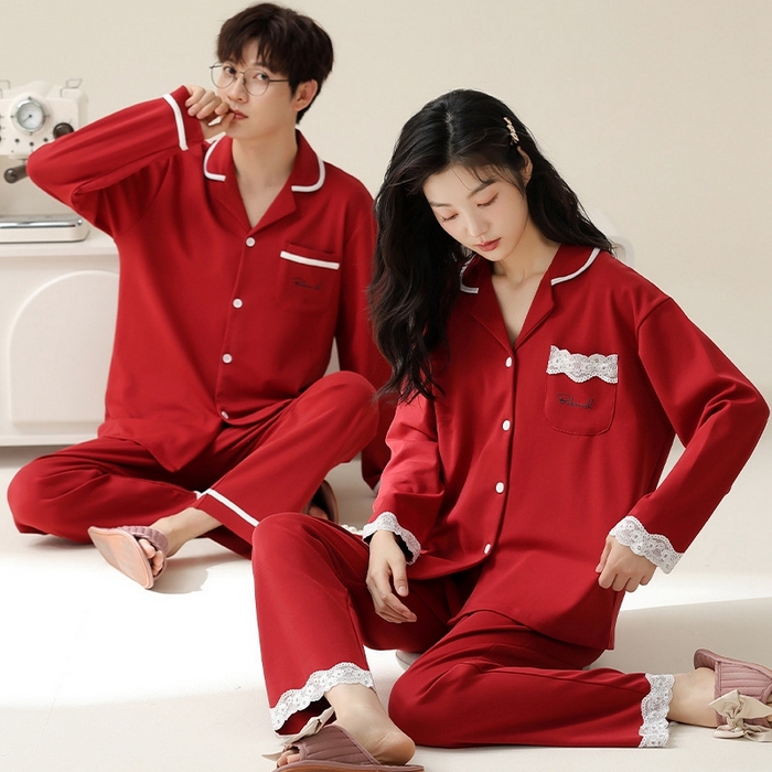 91家纺网 家纺一手货源 找家纺 （总）洛兰沙家居馆【只代发】【只代发】 2023新款红色结婚睡衣纯棉套装新婚嫁娶本命年全棉情侣家居服