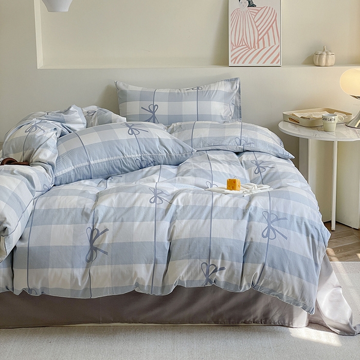 91家纺网 家纺一手货源 找家纺 窝米 2024春季新品13370全棉四件套系列 蝴蝶结蓝