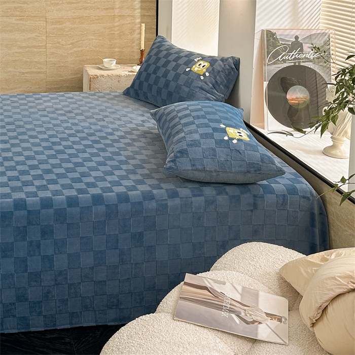 91家纺网 家纺一手货源 找家纺 洋铭区（原狠狠爱） 2023新款华夫格单品绒床单 清格-蓝