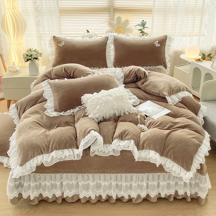 91家纺网 家纺一手货源 找家纺 艾晶美 2023新款双层花边牛奶绒四件套 拿铁咖