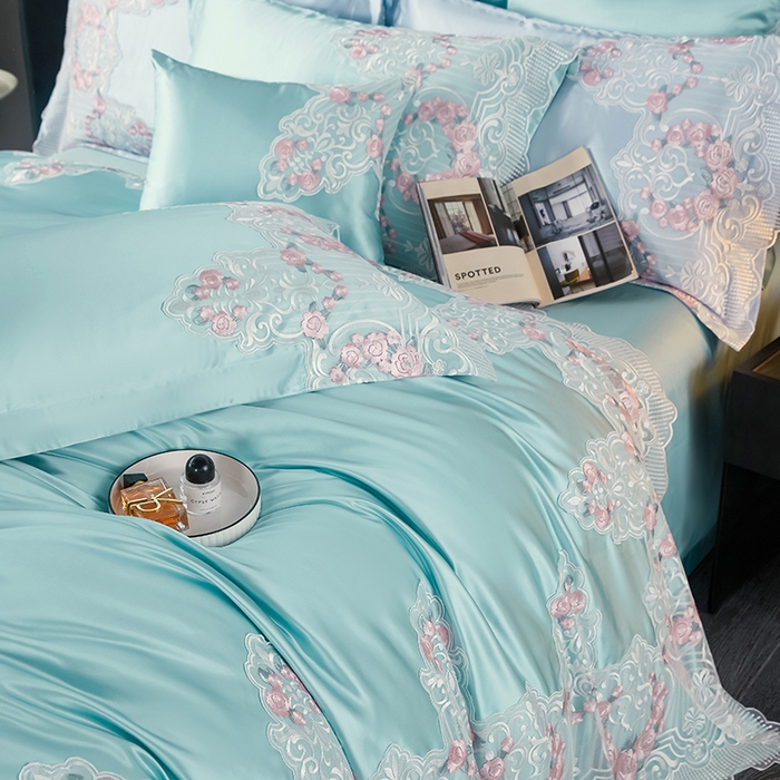 91家纺网 家纺一手货源 找家纺 缔缦 2023新款A版真丝棉B版60s长绒棉高端蕾丝四件套系列-蔷薇花园 绿