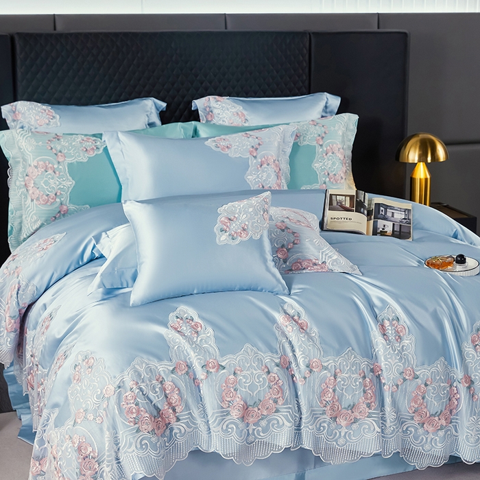 91家纺网 家纺一手货源 找家纺 缔缦 2023新款A版真丝棉B版60s长绒棉高端蕾丝四件套系列-蔷薇花园 蓝