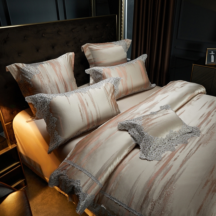 91家纺网 家纺一手货源 找家纺 缔缦 2023新款A版真丝棉B版60s长绒棉高端蕾丝四件套系列-山水一城  咖色