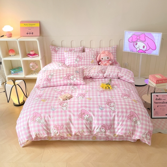 91家纺网 家纺一手货源 找家纺 博雅 2023新款三丽鸥卡通全棉四件套系列-第三批 粉格美乐蒂