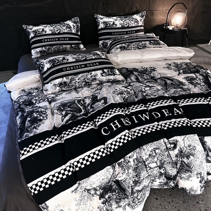 91家纺网 家纺一手货源 找家纺 色鬼 2023新款轻奢潮牌大牌风棉加绒四件套印花牛奶绒四件套 水墨绒