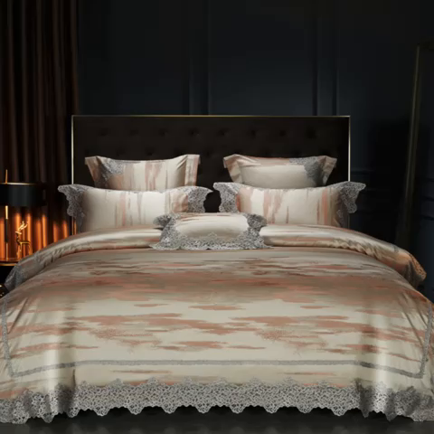 91家纺网 家纺一手货源 找家纺 缔缦 2023新款A版真丝棉B版60s长绒棉高端蕾丝四件套系列-山水一城  咖色