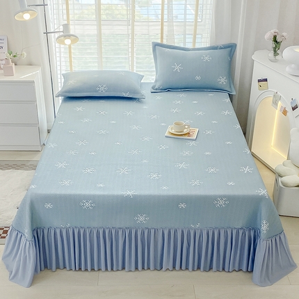 91家纺网 家纺一手货源 找家纺 伊而梦蚊帐 2024新款A类雪花冰豆豆床裙款凉席三件套 床裙-蓝色