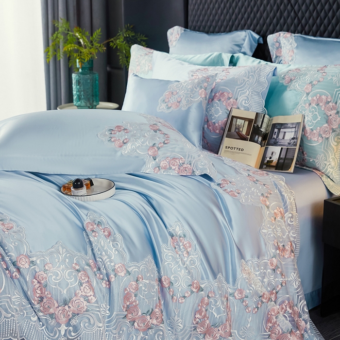 91家纺网 家纺一手货源 找家纺 缔缦 2023新款A版真丝棉B版60s长绒棉高端蕾丝四件套系列-蔷薇花园 蓝