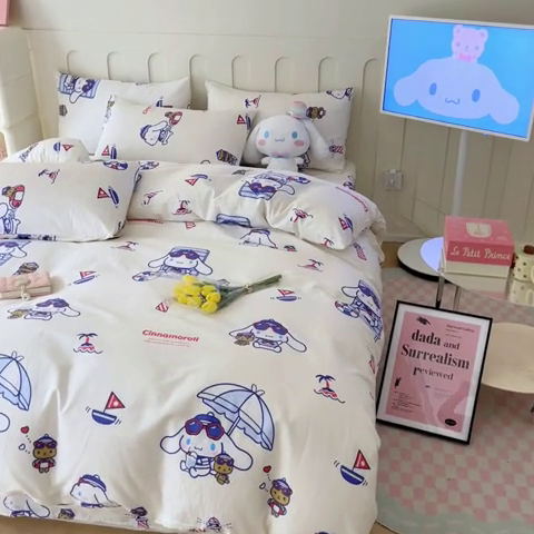 91家纺网 家纺一手货源 找家纺 博雅 2023新款三丽鸥卡通全棉四件套系列-第三批 度假玉桂狗