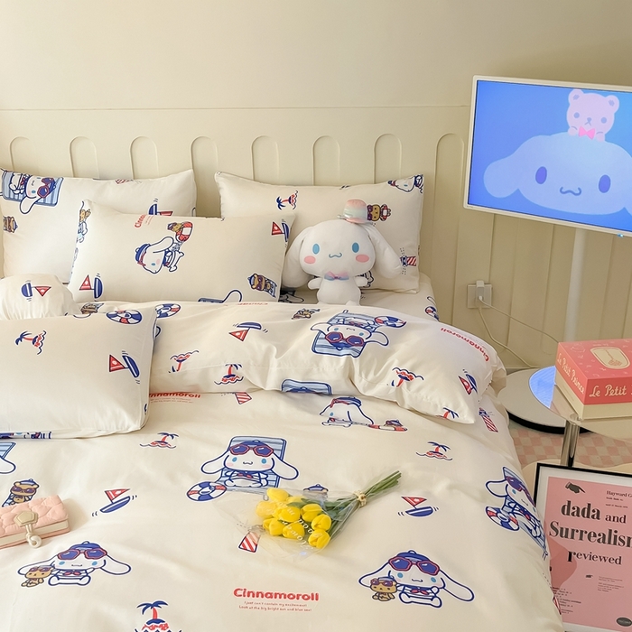 91家纺网 家纺一手货源 找家纺 博雅 2023新款三丽鸥卡通全棉四件套系列-第三批 度假玉桂狗