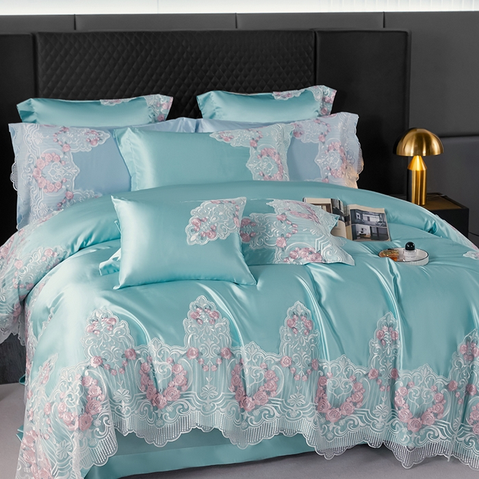 91家纺网 家纺一手货源 找家纺 缔缦 2023新款A版真丝棉B版60s长绒棉高端蕾丝四件套系列-蔷薇花园 绿