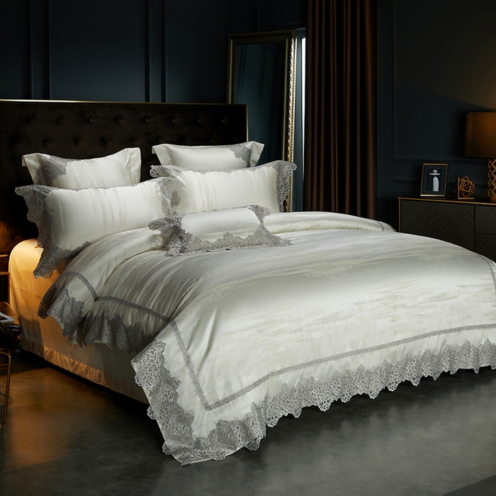 91家纺网 家纺一手货源 找家纺 缔缦 2023新款A版真丝棉B版60s长绒棉高端蕾丝四件套系列-山水一城  浅米色