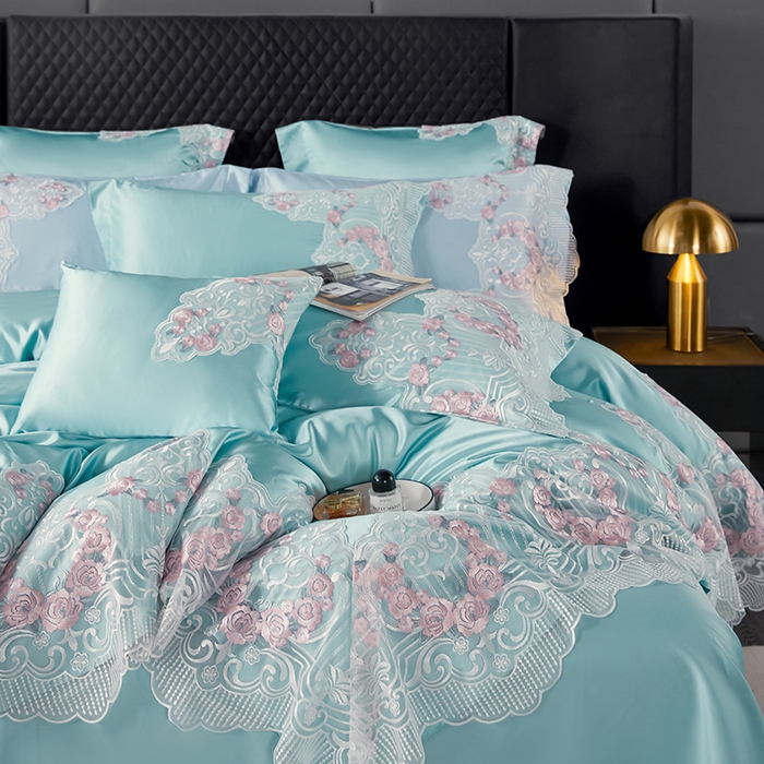 91家纺网 家纺一手货源 找家纺 缔缦 2023新款A版真丝棉B版60s长绒棉高端蕾丝四件套系列-蔷薇花园 绿