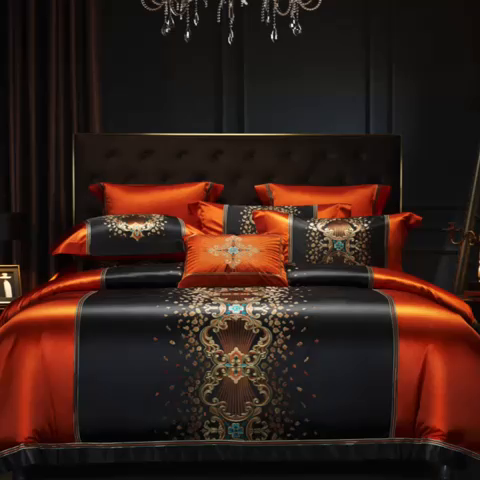 91家纺网 家纺一手货源 找家纺 缔缦 2023新款A版真丝棉B版60s长绒棉高端蕾丝四件套系列-伊莲娜 桔色