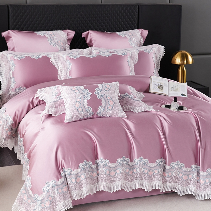 91家纺网 家纺一手货源 找家纺 缔缦 2023新款A版真丝棉B版60s长绒棉高端蕾丝四件套系列-伊芙琳 豆沙粉