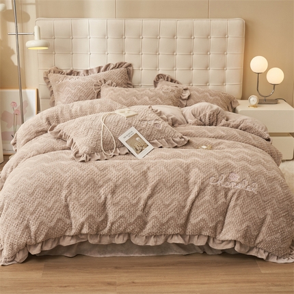 恒爱家纺 2023新款兔毛绒绣花四件套 波浪款-浅棕