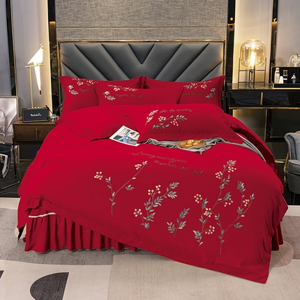 伊而梦 2023新款锦棉宽边绣花四件套--倚栏听风 倚栏听风-大红