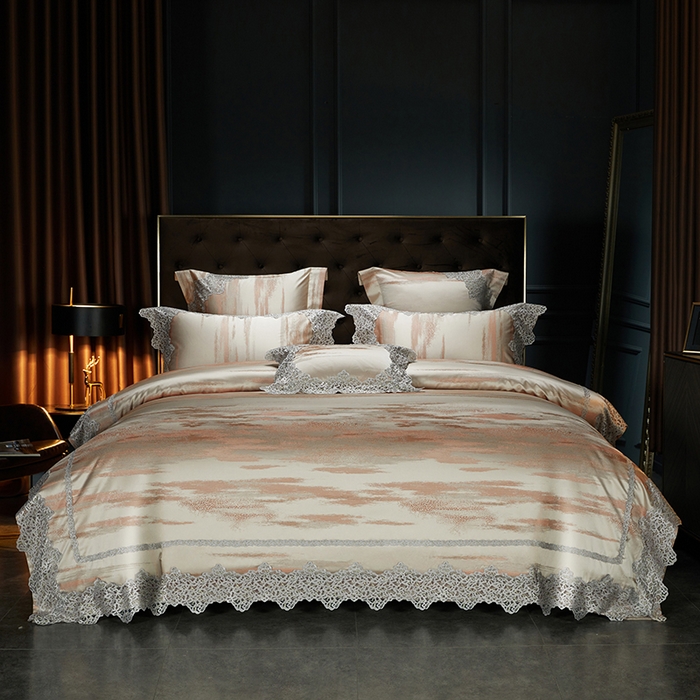 91家纺网 家纺一手货源 找家纺 缔缦 2023新款A版真丝棉B版60s长绒棉高端蕾丝四件套系列-山水一城  咖色