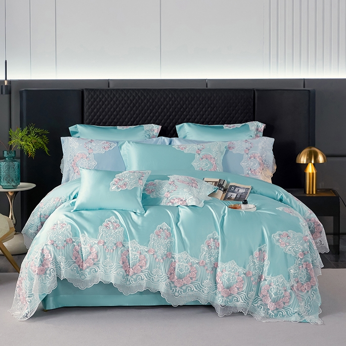 91家纺网 家纺一手货源 找家纺 缔缦 2023新款A版真丝棉B版60s长绒棉高端蕾丝四件套系列-蔷薇花园 绿