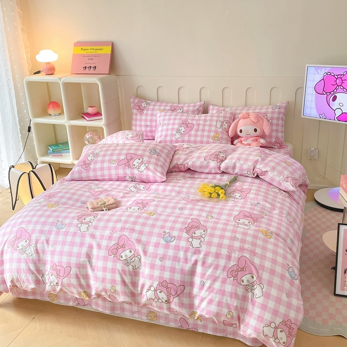 91家纺网 家纺一手货源 找家纺 博雅 2023新款三丽鸥卡通全棉四件套系列-第三批 粉格美乐蒂