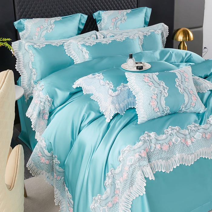 91家纺网 家纺一手货源 找家纺 缔缦 2023新款A版真丝棉B版60s长绒棉高端蕾丝四件套系列-伊芙琳 翠蓝