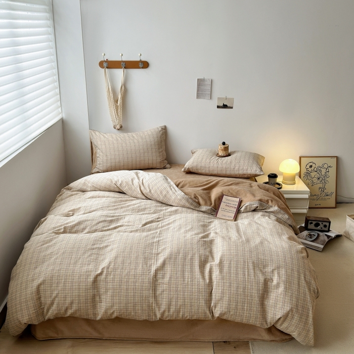 91家纺网 家纺一手货源 找家纺 水洗的故事 2023新款色织水洗棉牛奶绒双用四件套 赫本