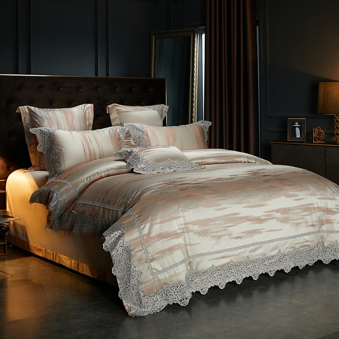 91家纺网 家纺一手货源 找家纺 缔缦 2023新款A版真丝棉B版60s长绒棉高端蕾丝四件套系列-山水一城  咖色