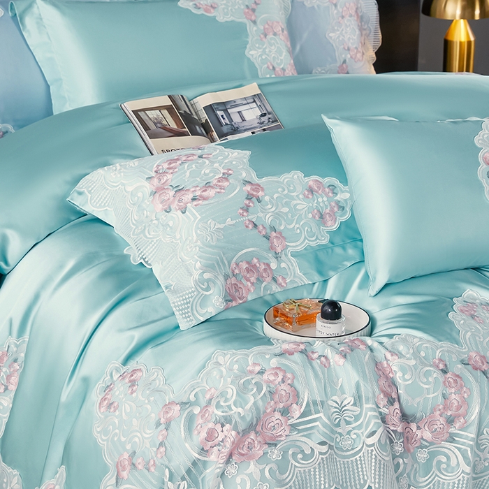 91家纺网 家纺一手货源 找家纺 缔缦 2023新款A版真丝棉B版60s长绒棉高端蕾丝四件套系列-蔷薇花园 绿