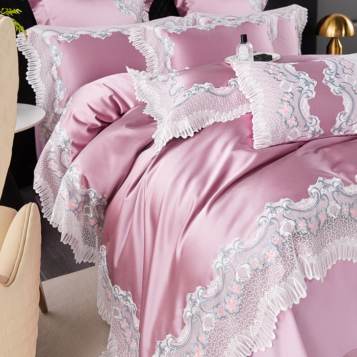 91家纺网 家纺一手货源 找家纺 缔缦 2023新款A版真丝棉B版60s长绒棉高端蕾丝四件套系列-伊芙琳 豆沙粉