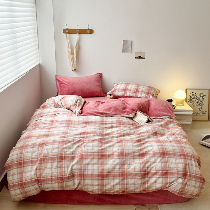 91家纺网 家纺一手货源 找家纺 水洗的故事 2023新款色织水洗棉牛奶绒双用四件套 梨落