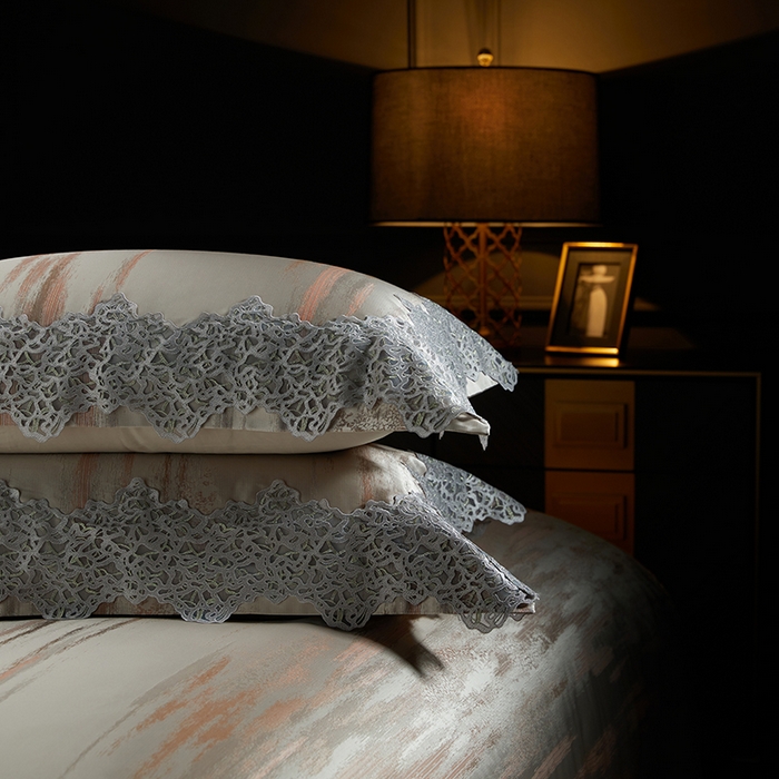 91家纺网 家纺一手货源 找家纺 缔缦 2023新款A版真丝棉B版60s长绒棉高端蕾丝四件套系列-山水一城  咖色