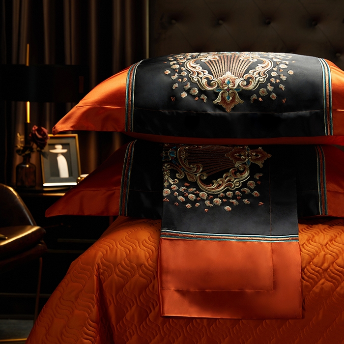 91家纺网 家纺一手货源 找家纺 缔缦 2023新款A版真丝棉B版60s长绒棉高端蕾丝四件套系列-伊莲娜 桔色