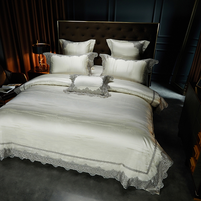 91家纺网 家纺一手货源 找家纺 缔缦 2023新款A版真丝棉B版60s长绒棉高端蕾丝四件套系列-山水一城  浅米色