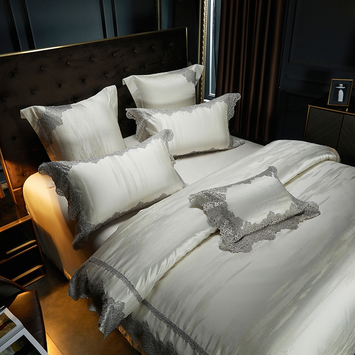 91家纺网 家纺一手货源 找家纺 缔缦 2023新款A版真丝棉B版60s长绒棉高端蕾丝四件套系列-山水一城  浅米色