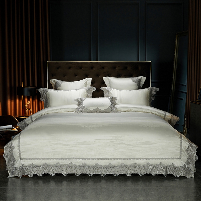 91家纺网 家纺一手货源 找家纺 缔缦 2023新款A版真丝棉B版60s长绒棉高端蕾丝四件套系列-山水一城  浅米色