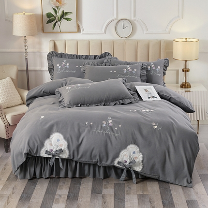 伊而梦蚊帐 2023新款磨毛木耳边绣花贴布绣四件套--忆青春 忆青春-时尚灰